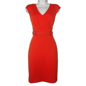 JENNIFER LOPEZ Red Orange Gold Studded Belt Sheath Cocktail Dress 2 (X-Small)